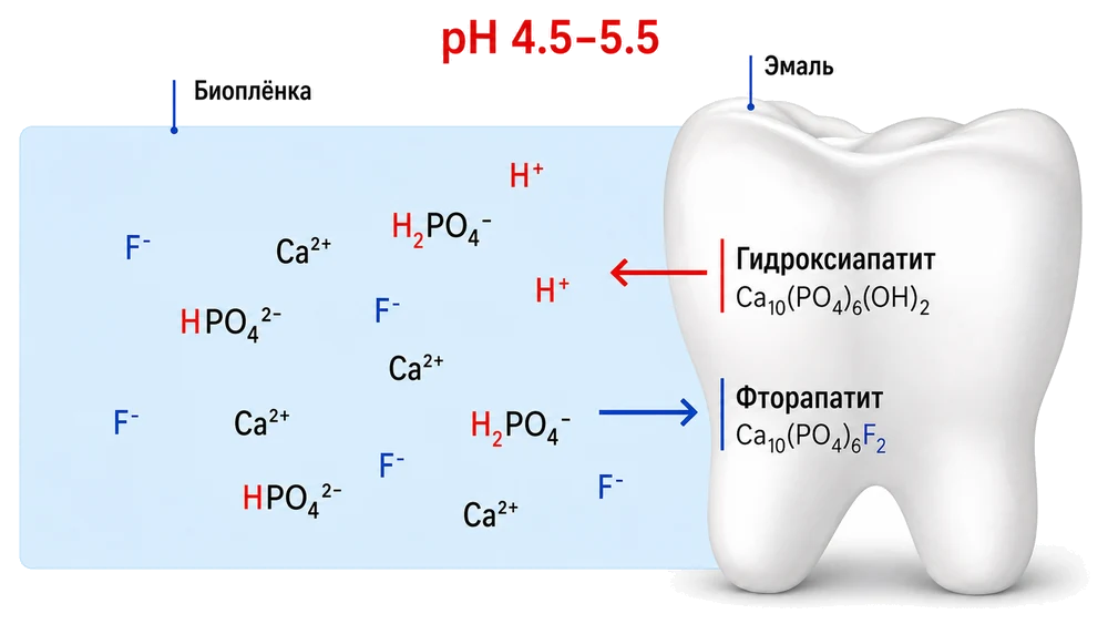 Деминерализация и реминерализация в присутствии F⁻: гидроксиапатит и фторапатит при pH 4,5–5,5